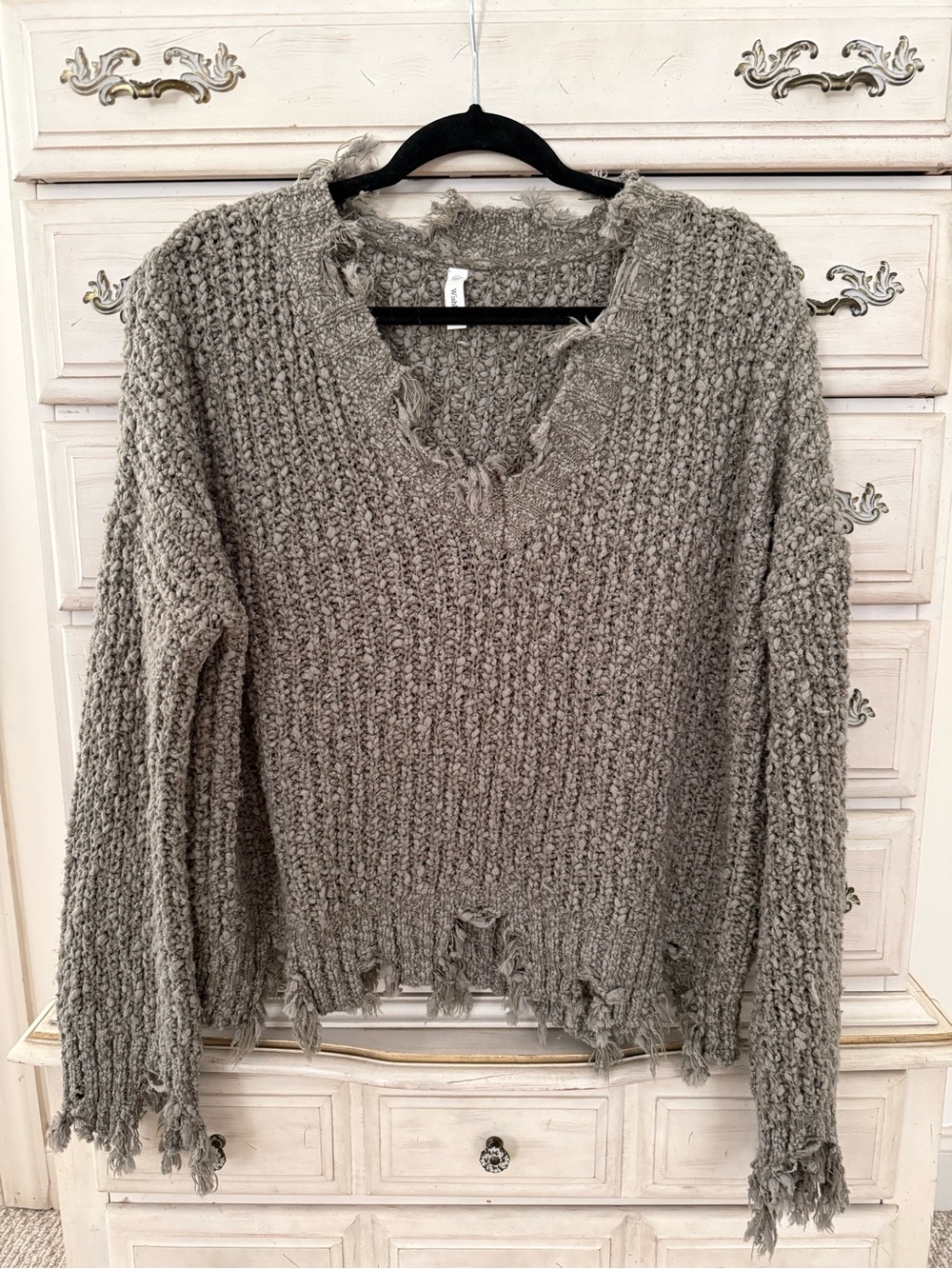Wishlist Distressed Fringe Knit Sweater - Green